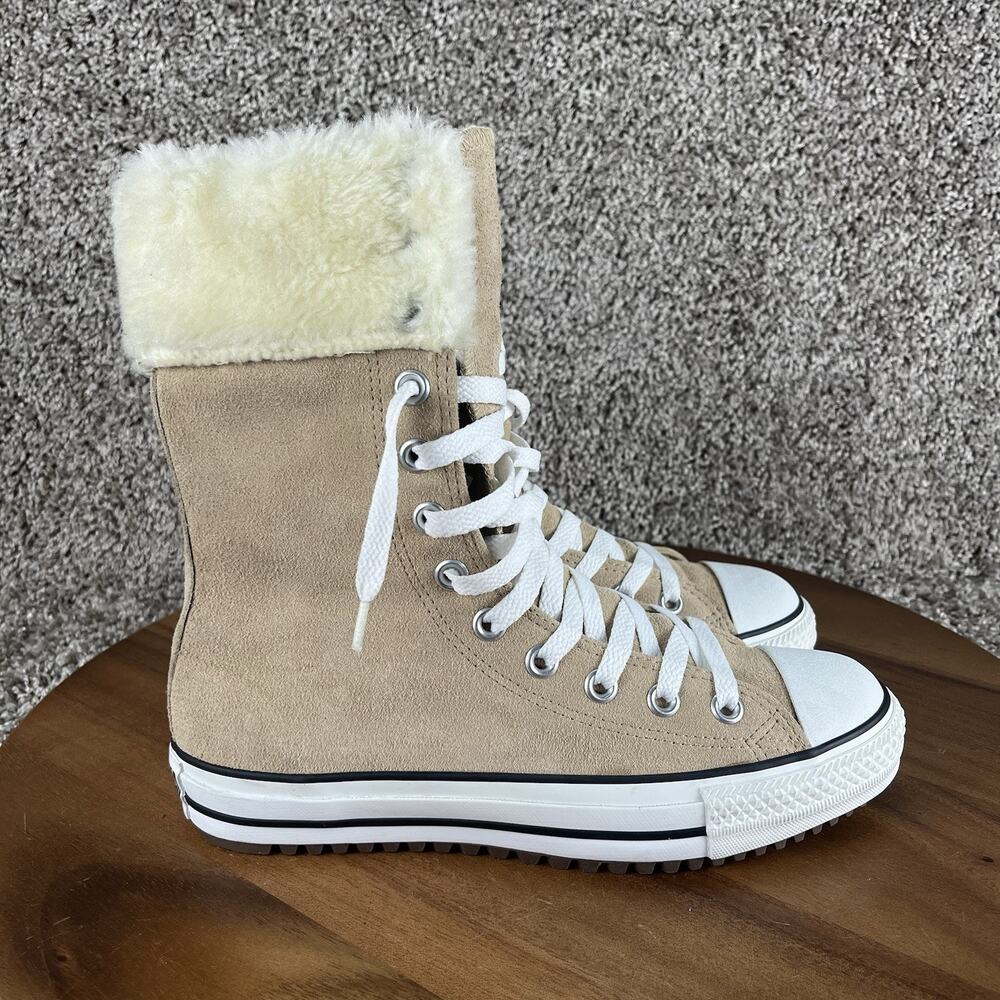 Converse High-Top Lace-Up Sneakers in Beige and White with Faux Fur Collar